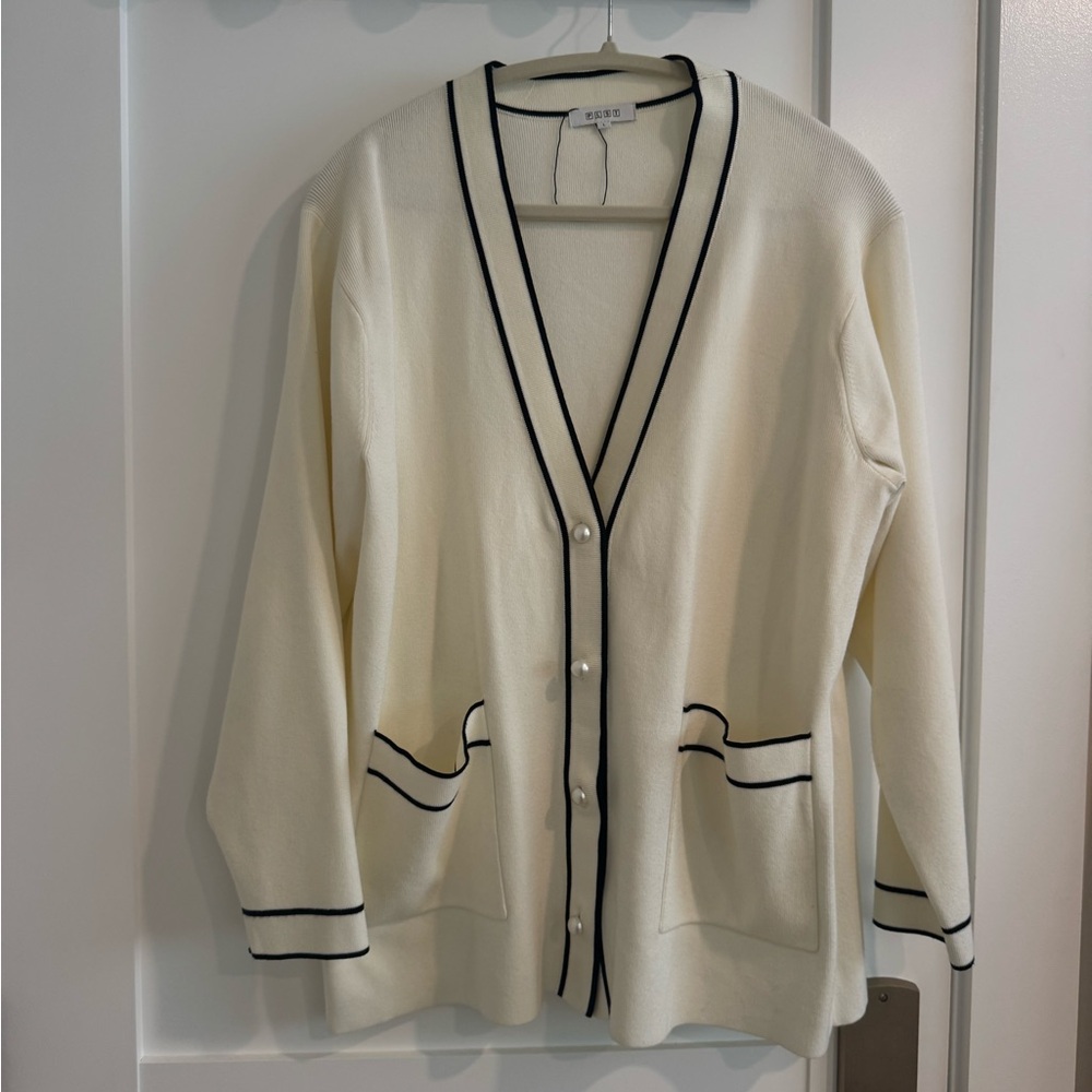 Cream Cardigan with Black Trim and Pearl Buttons